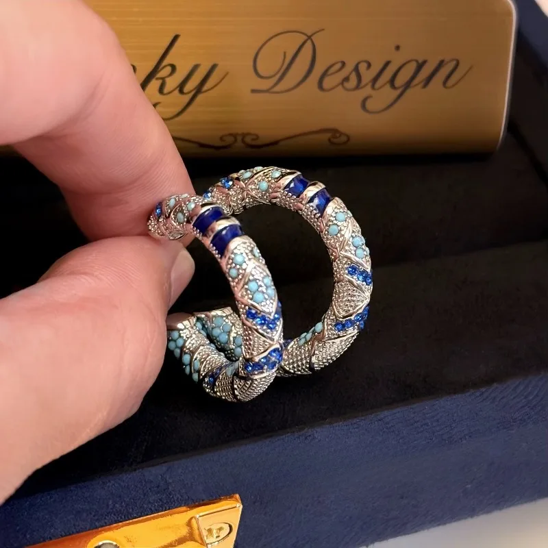 

Vintage Luxury Blue Zircon Hoop Earrings For Women Geometric Round Ear Buckle Bohemian Party Jewelry Gift