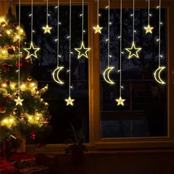 Christmas Moon Star Curtain Lights Janela Fairy String Lights Janela interior, Pátio, Decoração do quarto do miúdo, 220V, 138 LEDs