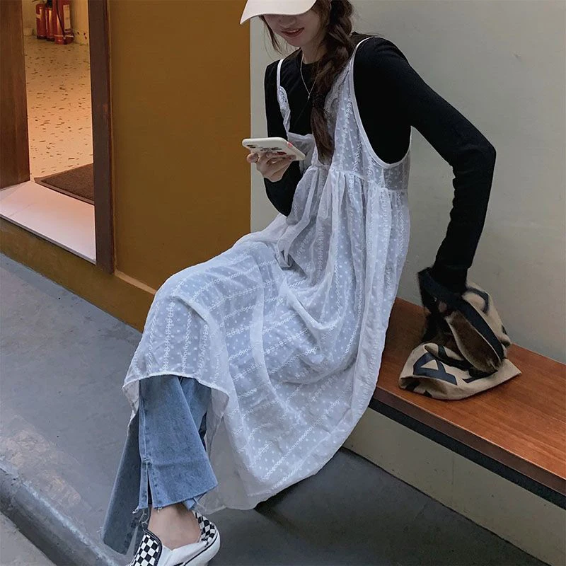 HOUZHOU White See-Through Lace Mesh Midi Dresses Vintage Sexy Sleeveless Vacation Beach Dress Boho Casual Korean Long Dresses