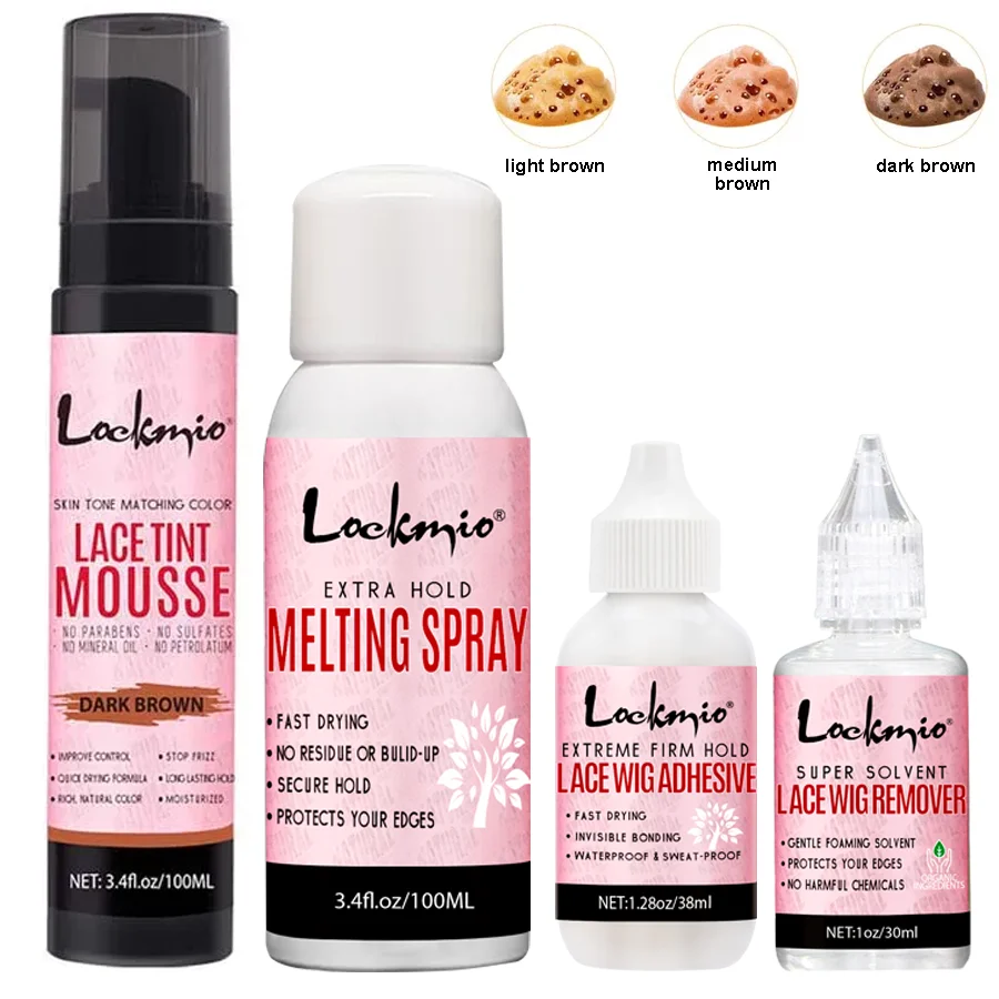 

LOVKMIO 4pcs Wig Installation Kit Frontal Melting Spray Quick-Drying Lace Tint Mousses Waterproof Hair Adhesive Glue Remover Set