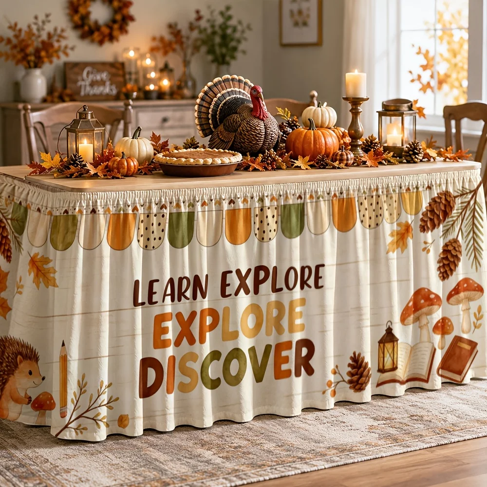 One table skirt. Autumn Forest Explorer Table Skirt. Polyester. Comfortable. Rural. Imagination. Natural inspiration.