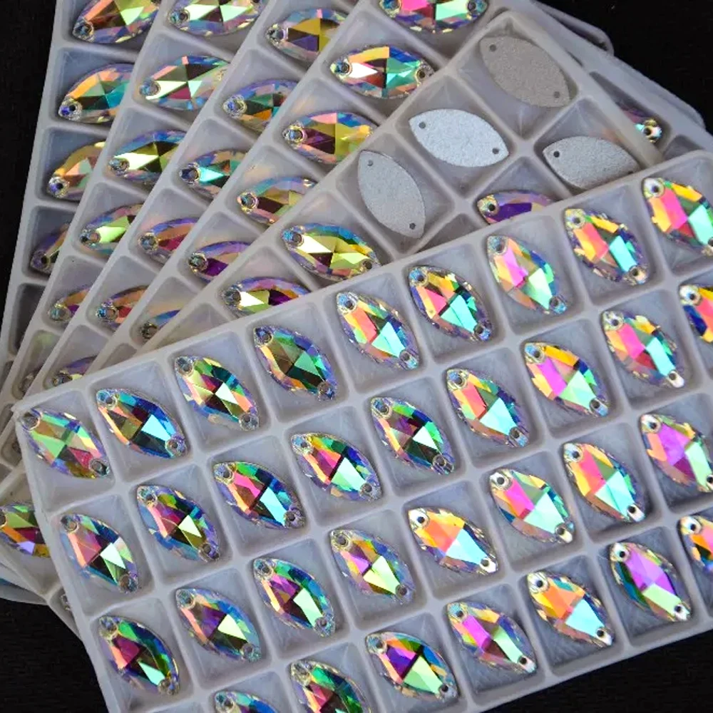 AAA Quality All Sizes Crystal AB Color Navette Sew on stone 5*10mm,6*12mm,7*15mm,9*18mm,13*22mm,15*31mm horse eye Flatback