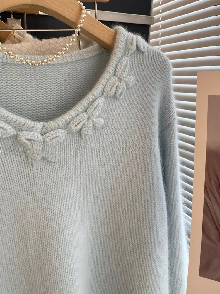 سترة محبوكة ناعمة ومريحة طويلة Sve V-Ne من Ele Lazy Sle، تصميم ثلاثي الأبعاد مثقوب، دفعة صغيرة فريدة من نوعها، حقيبة كورية... #4