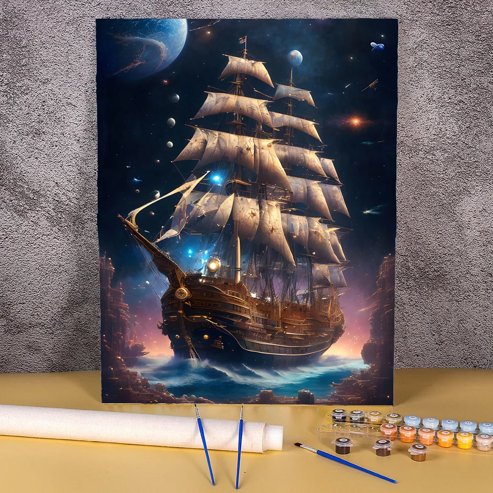 Paint By Number Seascape Drawing On Canvas Diy Pictures By Numbers Starry Sky Sailboat Painting Kits Handicraft Wall Art Decor