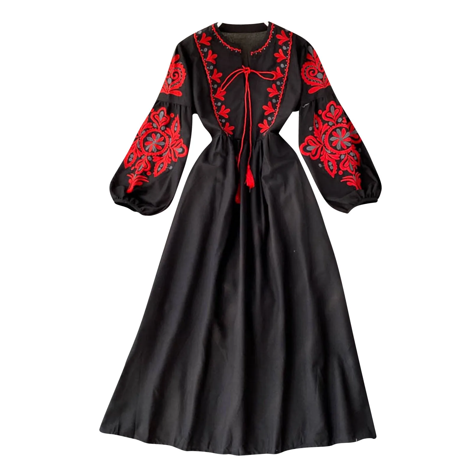 Ethnic Style Retro Embroidered Dress Women's Mid-length Waist Slim Long Sleeves Round Neck Slim A-line Dress Vestidos Women