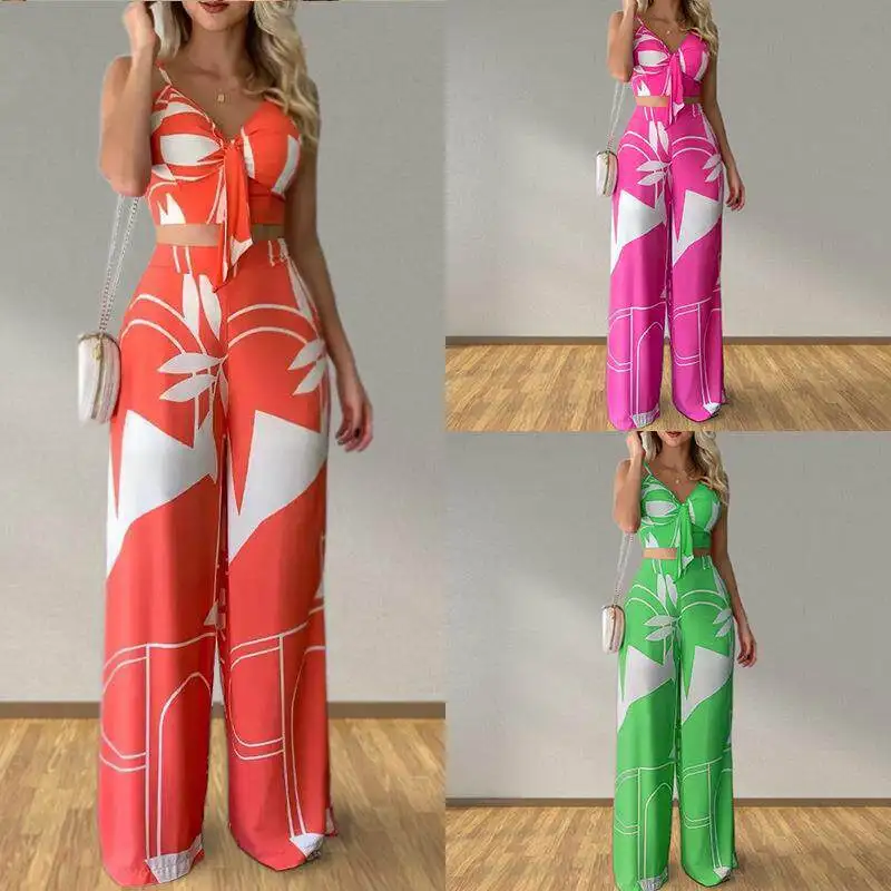 

Spring 2026 Sexy V-neck Printed Tank Top Wide-leg Pants Set Fashionable Cross-border Women's Clothing Casual Commute Style
