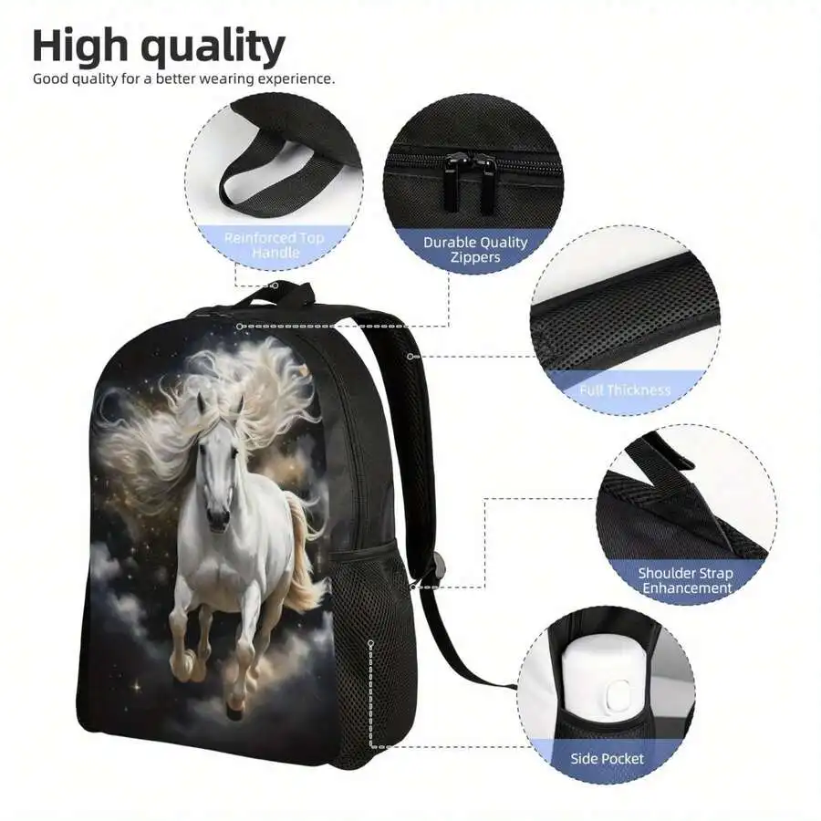 

White Horse Print Laptop Backpack Lightweight Adjustable Straps Daily Commute Travel