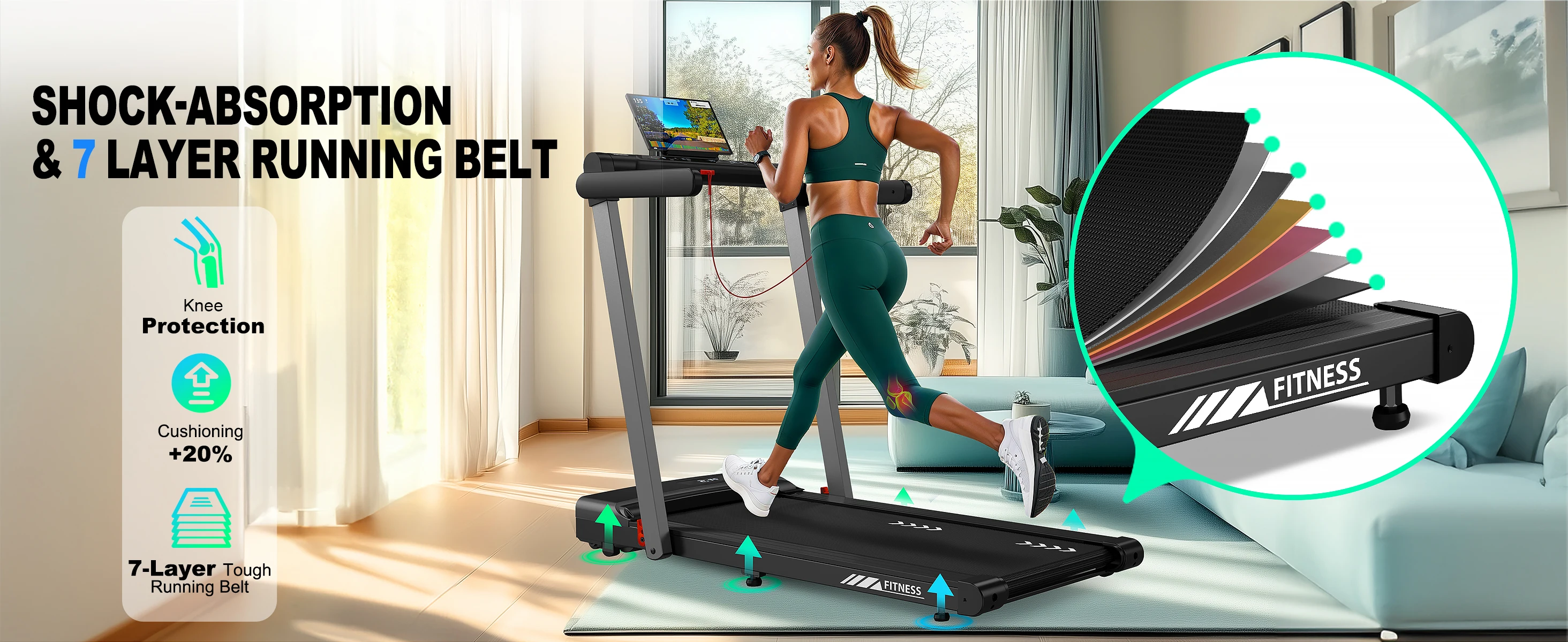 3-in-1 Heim-Laufband 2,5 PS Geräuscharm Bluetooth-Lautsprecher Faltbar 12 Programme Fernbedienung Dual-LED-Display für Zuhause und Büro – Detail 7