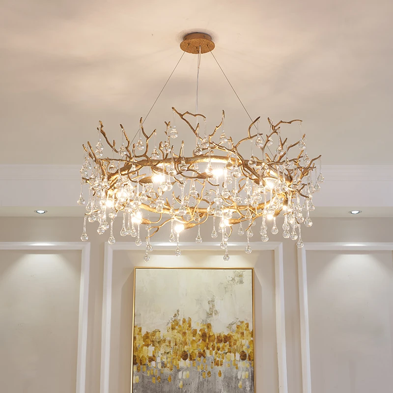 

French Luxury Led Crystal Chandeliers Modern Copper Ceiling Hanging Lamp Lustre For Living Dining Room Pendant Lights