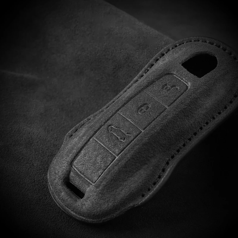 For Porsche 718 Cayenne Panamera 911 Macan Taycan Cayman Boxster Leather Car Key Case Cover Shell Suede Car Accessories