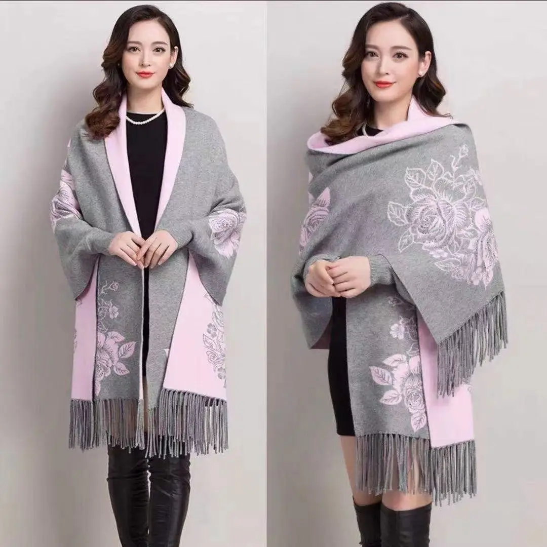

European American Popular Tassel Thickened Cashmere Like National Style Travel Fork Shawl Scarf in Autumn Ponchos Capes Wh193