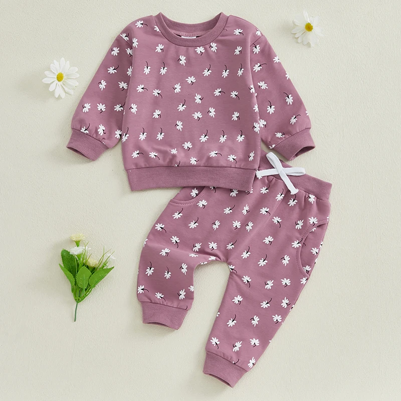 3M-3Y Toddler Girl Fall 2Piece Floral All-over Print Outfits Set Long Sleeve Crew Neck Pullovers with Elastic Waist Long Pants