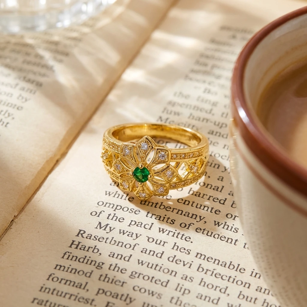 Grüne Kubische Zirkonia Hohle Blumenringe für Frauen Elegante Goldfarbene Geometrische CZ-Ringe Hochzeitstag Schmuck Geschenk – Detail 5