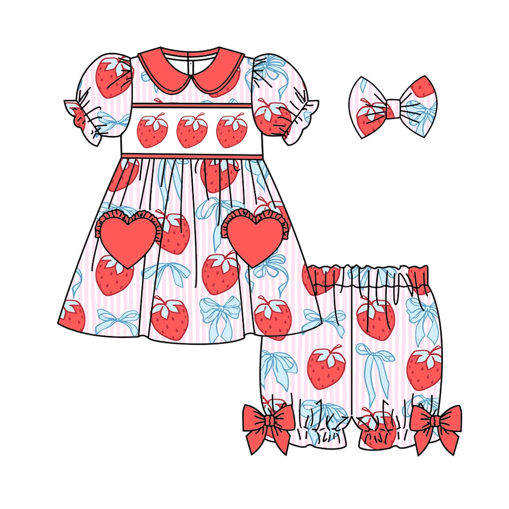 Cute Strawberry & Bow Print Kids Pajama Set Short Sleeve Top & Short Pants Matching Kid's Long Robe Soft Cotton Loungewear Kid's
