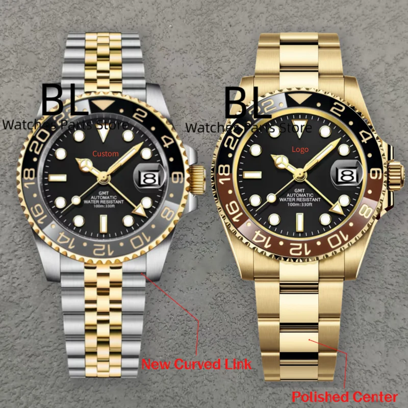 BLIGER 40MM Two Tone Gold Rootbeer Men's GMT Mechanical Watches Customizable Logo Sapphire Crystal 100M Diving Rotating Bezel