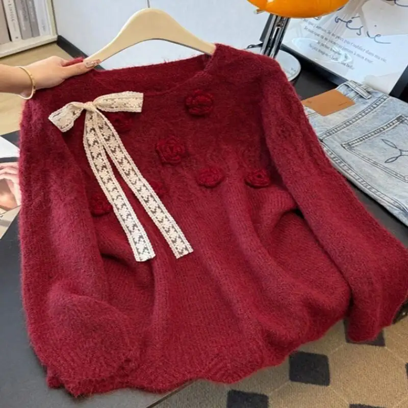 

Lazy Bow Red Sweater Women Autumn Winter New Big Size Plus Size Soft Knitted Tops Casual Fashion Cozy Warm Cute Kawaii Trendy
