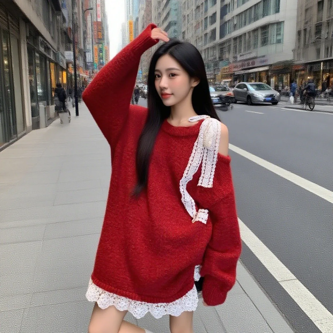 

Женский красный пуловер с кружевным бантом, свитер в стиле Харадзюку, вязаные свитера большого размера с длинными рукавами, джемпер, винтажная одежда Y2k, зимний топ