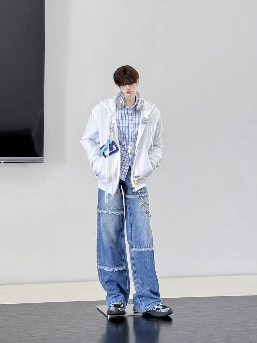 

BJD doll clothes suitable for 1/4 CD2 70 ID75 77 Uncle size new style tassel fringed straight leg jeans men's blue pants
