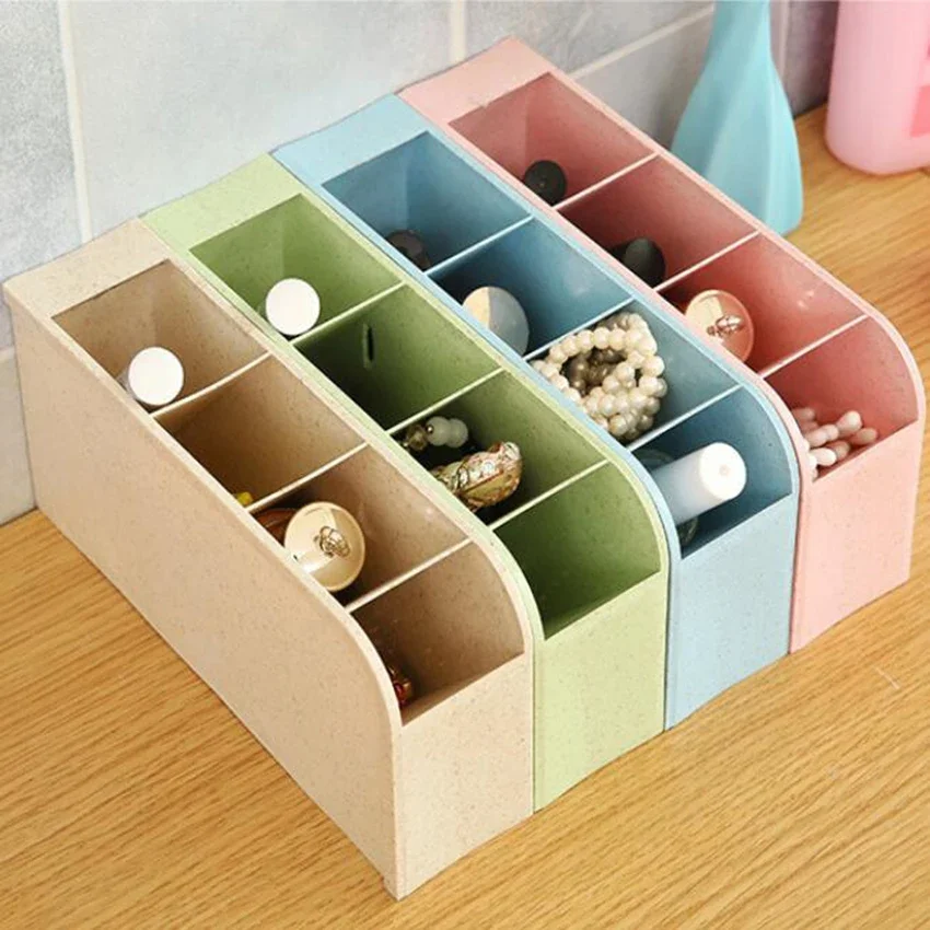 Vertical Wheat Straw 4 Grids Desktop Storage Box Nordic Style Pen Pencil Holder Multifunctional Cosmetic Drawer Organizer