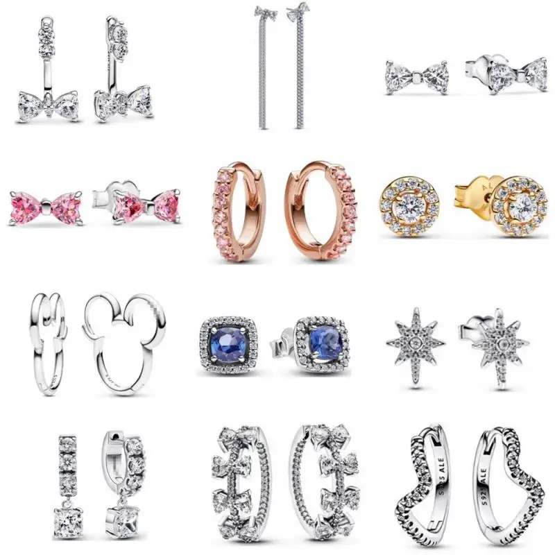 

New 925 Sterling Silver Star Rose Gold Earrings, Studs Earrings Hoop Earrings Circle Bow Jewelry, Ladies' Romantic Gift