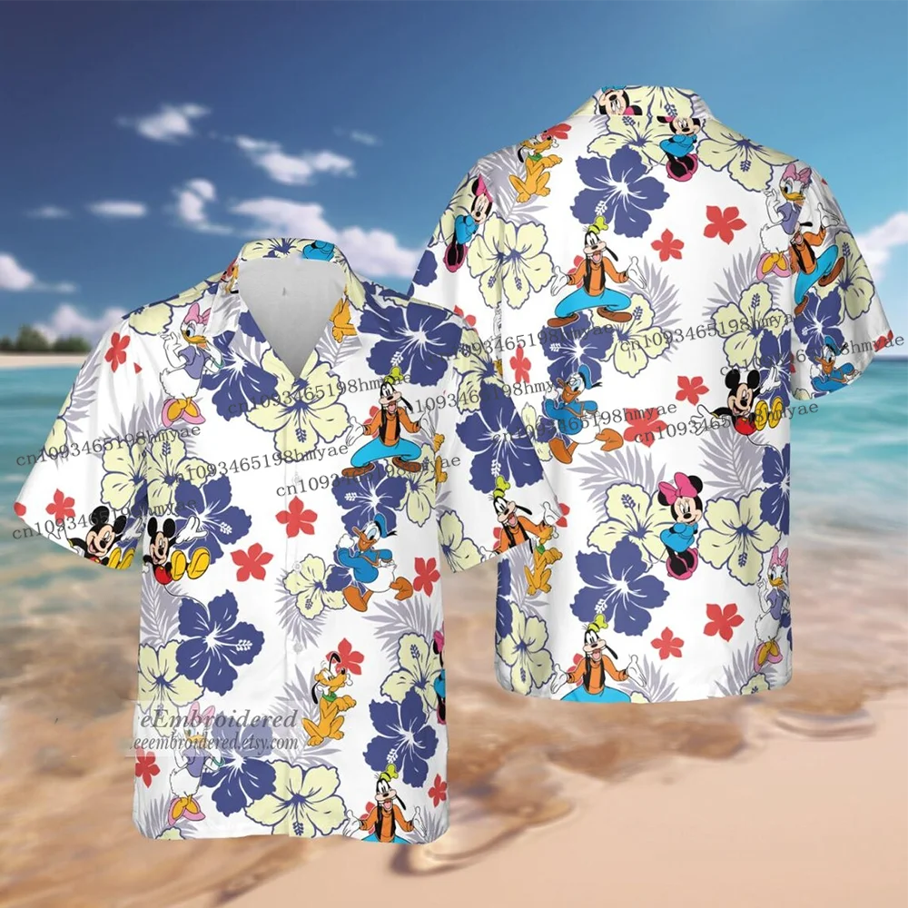 

Summer Women Fashion Short-sleeved Shirts Mouse And Friends Hawaiian Surfing Shirt Disney Kit Casual Vacation Beach Style Shirt
