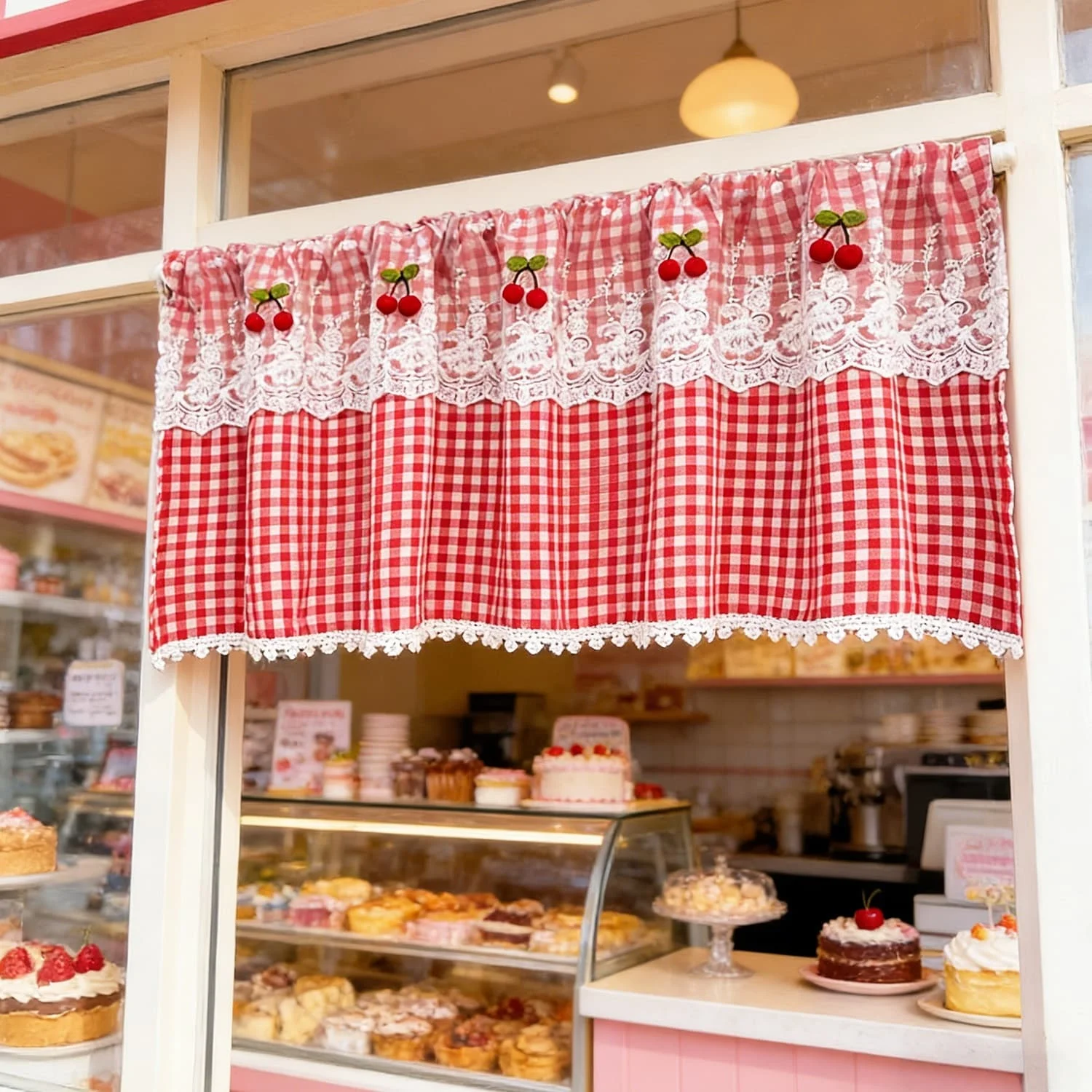 

French Country Short Valances with Flower Edges Cherry Decor Cafe Curtain for Kitchen Window Room Divider Curtain
