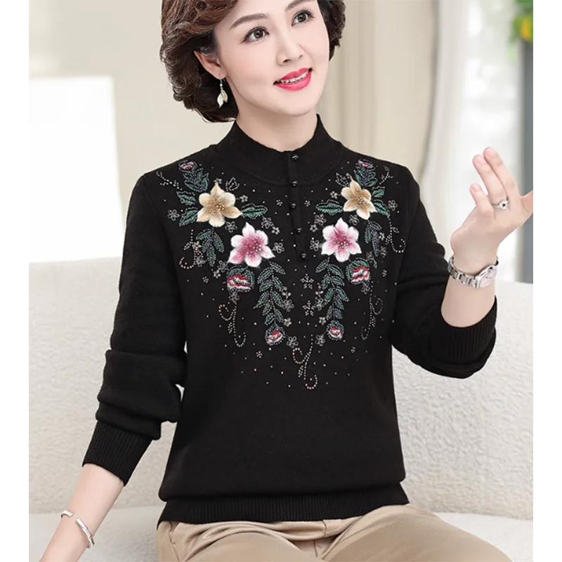 Autumn Winter Mother\'s Add Velvet Embroidered Sweater Warm Knitted Top Middle-aged Elderly Women Thicken Pullover Female Jumper