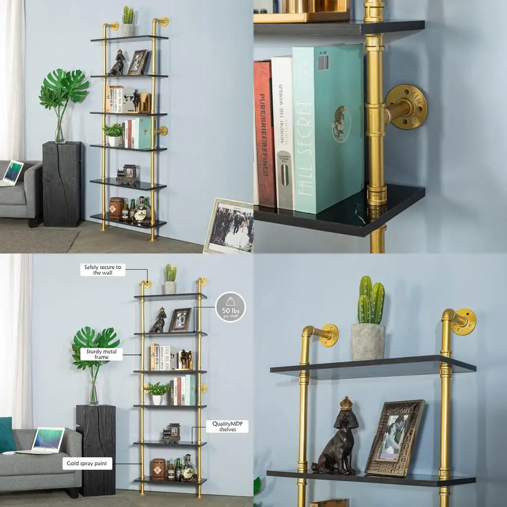 

Industrial Pipe Style 6-Tier Bookshelf with Black Marble Effect and Gold Accents for Living Room (23.6x9.8x66.9)