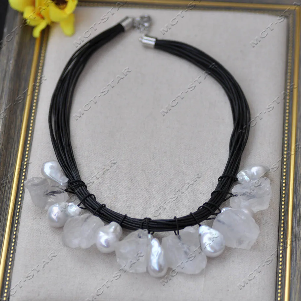 Z14544 15row 21'' 30mm White Baroque Keshi Pearl Clean Baroque Ice Sugar Cubes Crystal Raw Stone Necklace Pendant