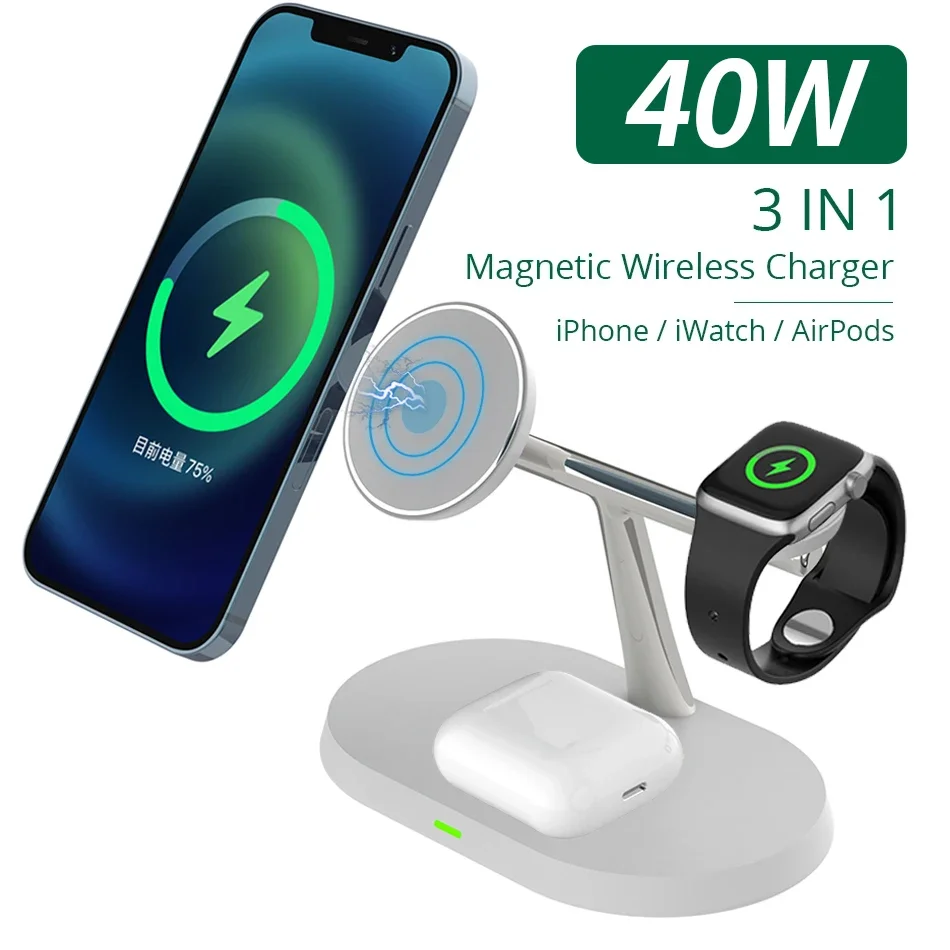 40W 3 In 1 Magnetic Wireless Charger Stand for Macsafe iPhone 15 14 13 12 Pro Max Apple Watch 1-9 AirPods Fast Charging Station