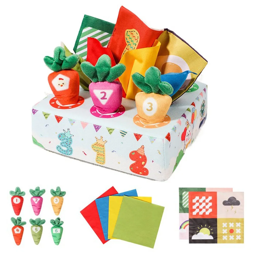 

Soft Baby Tissue Box Tear-resistant Cartoon Pattern Pulling Carrots Stuffed Fine Motor Skills Interactive Cloth Book