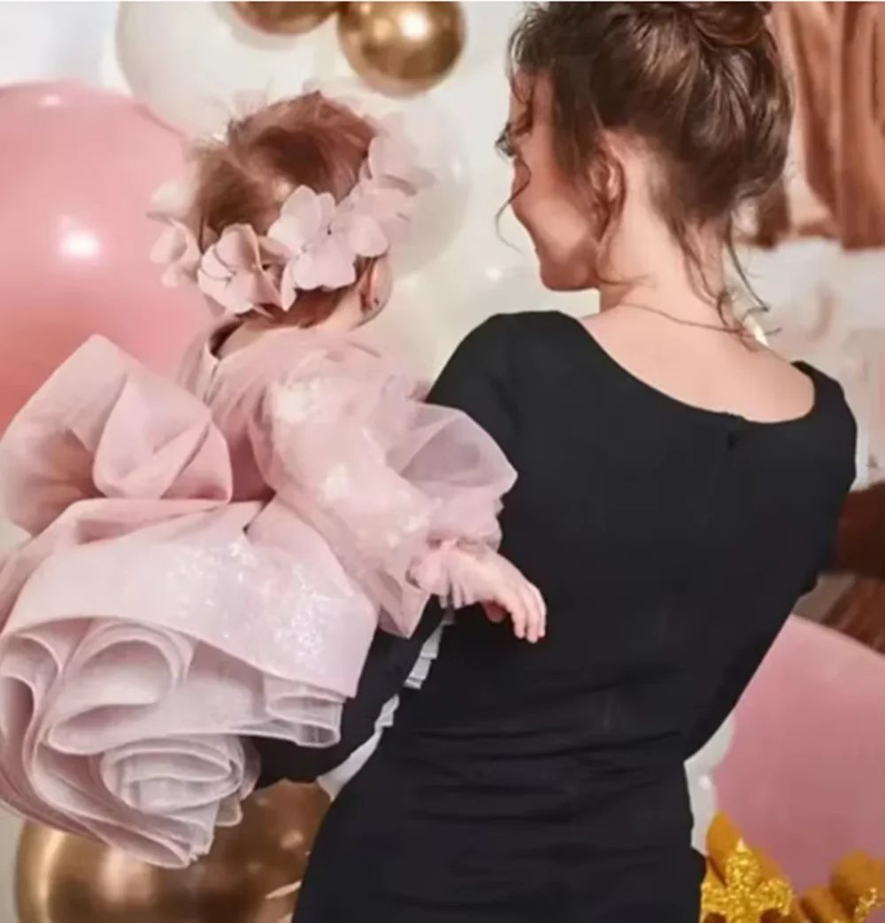 

Индивидуальные розовые платья для девочек на свадьбу, с длинными рукавами, длиной до колена, с бантом, для детского дня рождения, первого причастия, бальное платье