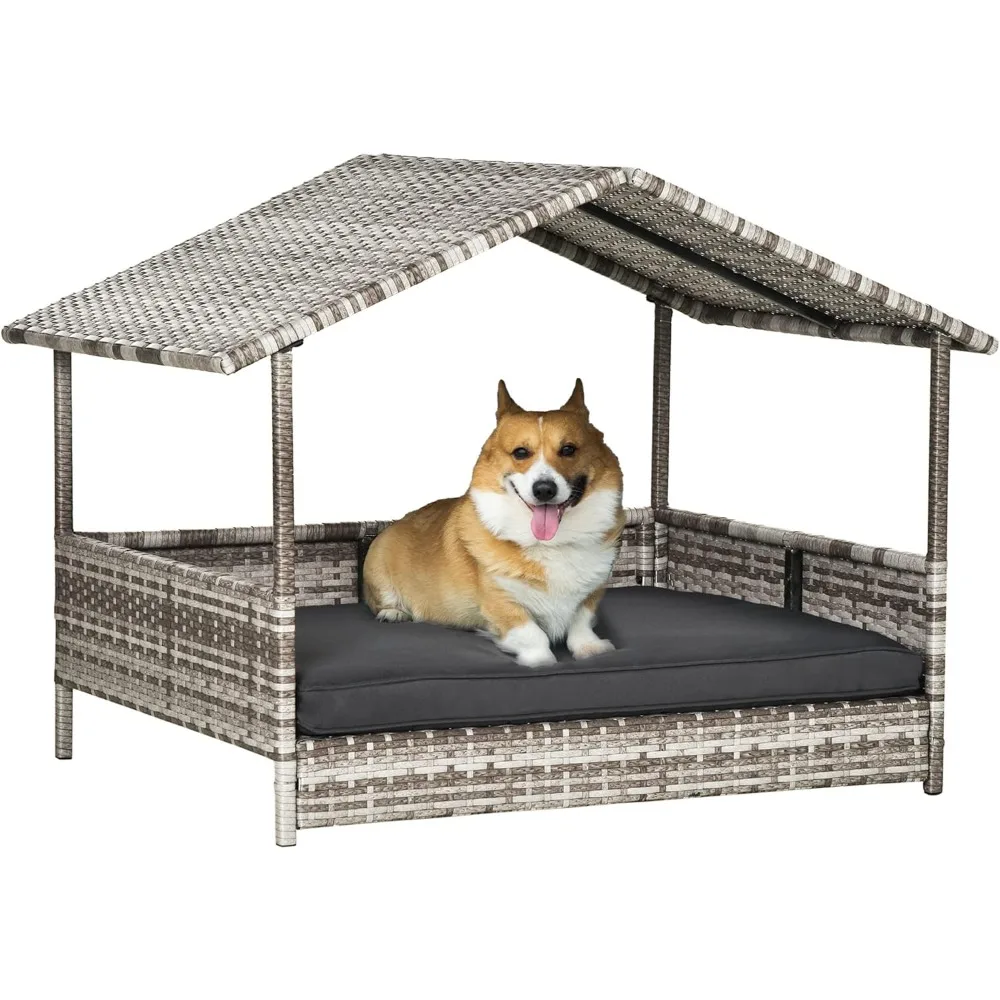 

Wicker Dog House Outdoor with Canopy, Rattan Dog Bed with Water-Resistant Cushion, Raised Dog Bed for Small, Medium Dogs up to