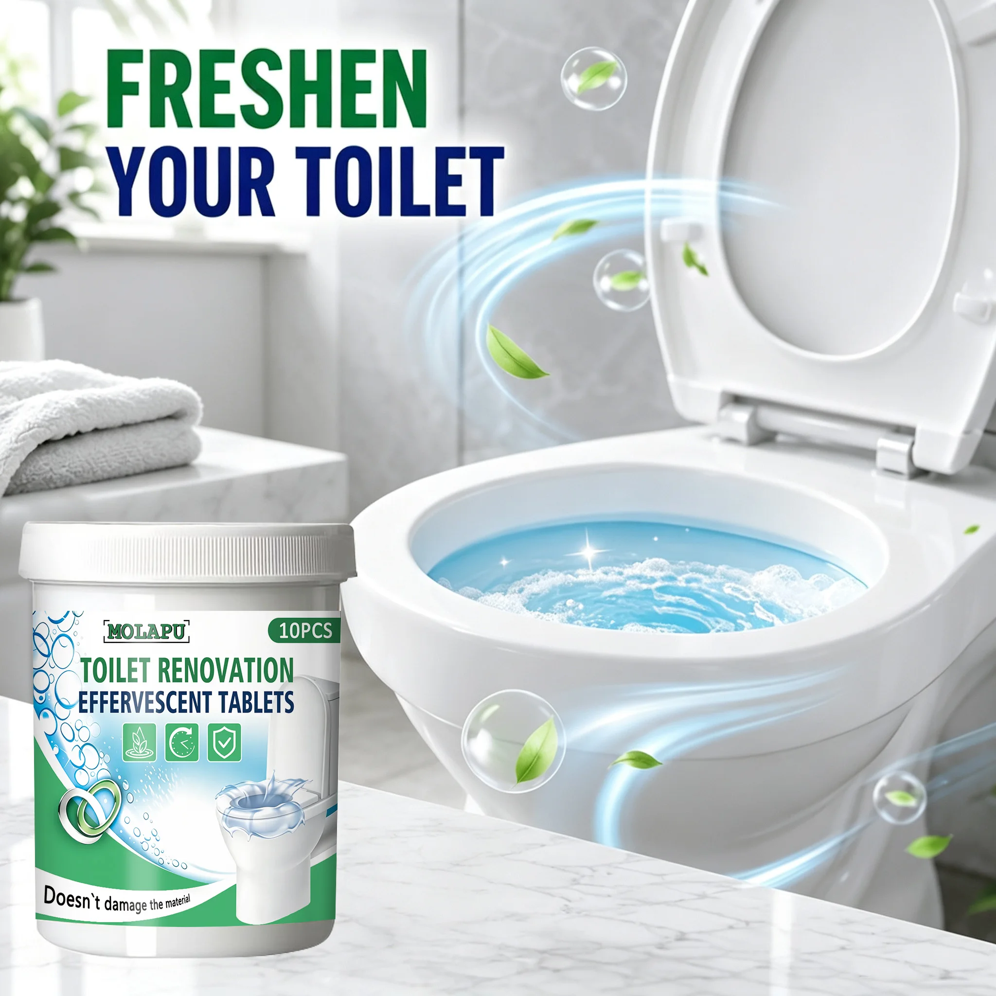 10-Pack No-Wipe Toilet Cleaning Effervescent Tablets - Dissolves Urine Stains, Water Stains, and Black Scale Upon Contact; Removes Yellowing, Brightens, and Eliminates Odors; Suitable for Toilets and Tanks
