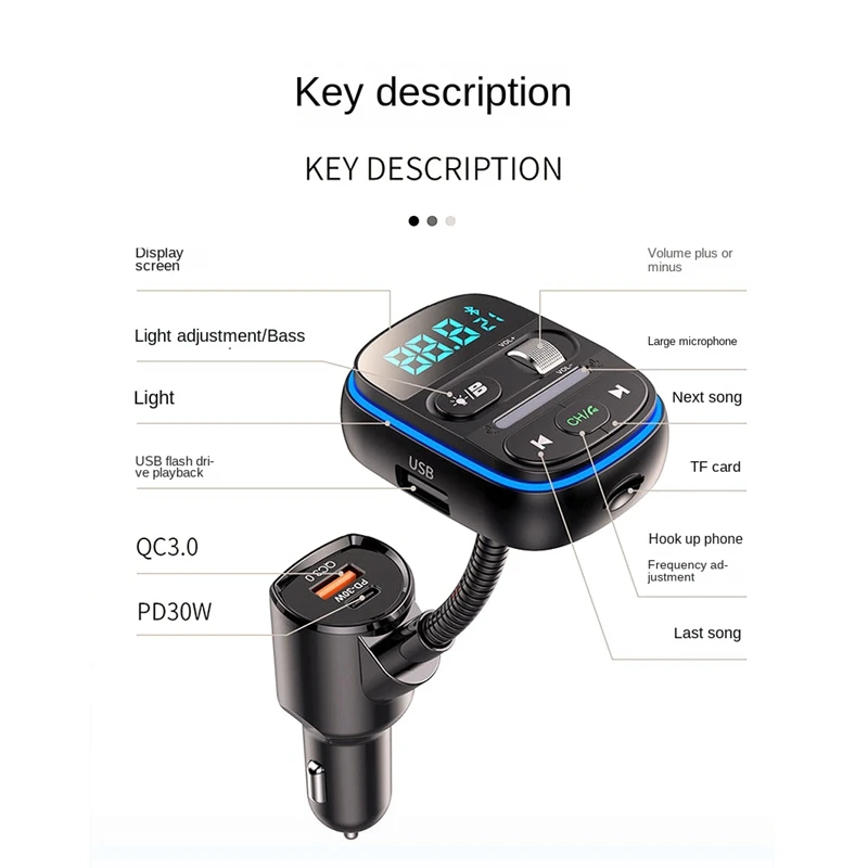 Spare Parts Bluetooth FM Transmitter For Car, Stronger Hifi Bass Microphone, PD 30W+QC 3.0 Adapter With 7 Colors LED