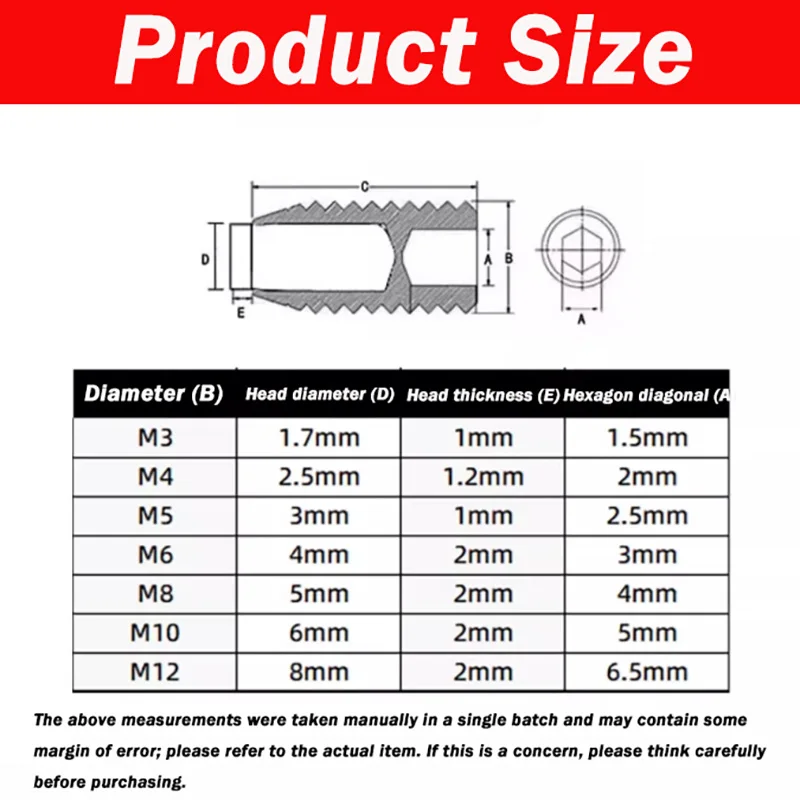 M2 M2.5 M3 M4 M5 M6 M8 M10 M12M16 304 Stainless Steel Hex Socket Plastic Nylon Dog Convex Point Tip Grub Headless Bolt Set Screw
