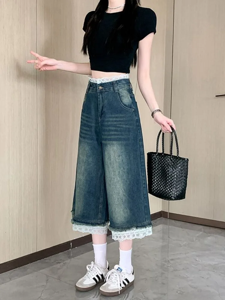 여름 여성용 미국 레트로 레이스 패치워크 블루 패션 청바지, 하이웨이스트 슬리밍 와이드 레그 크롭 팬츠