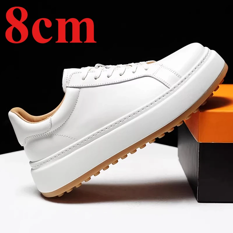 Genuine Leather Hand-sewn White Dress Shoes for Men's 8cm Elevator Cowhide Breathable Height Increasing Shoes Casual Derby Shoes