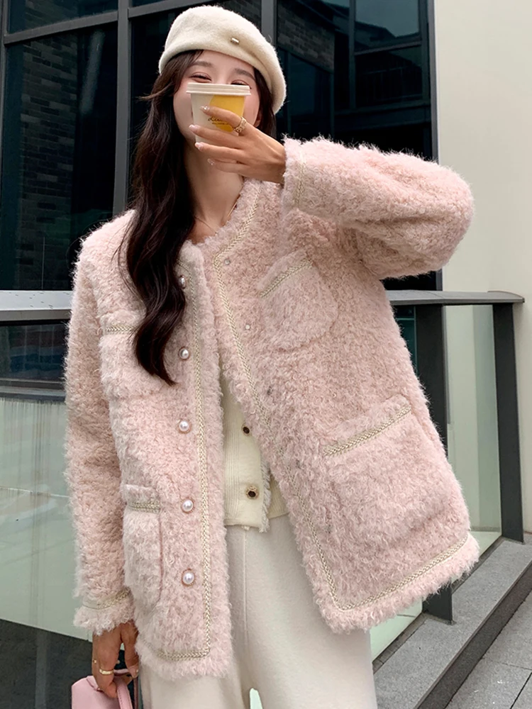 LANMREM Korean Style Fur Short Jackets For Women Round Neck Pockets Single Breasted Coat Fashion 2024 Winter New Clothing 2VV292