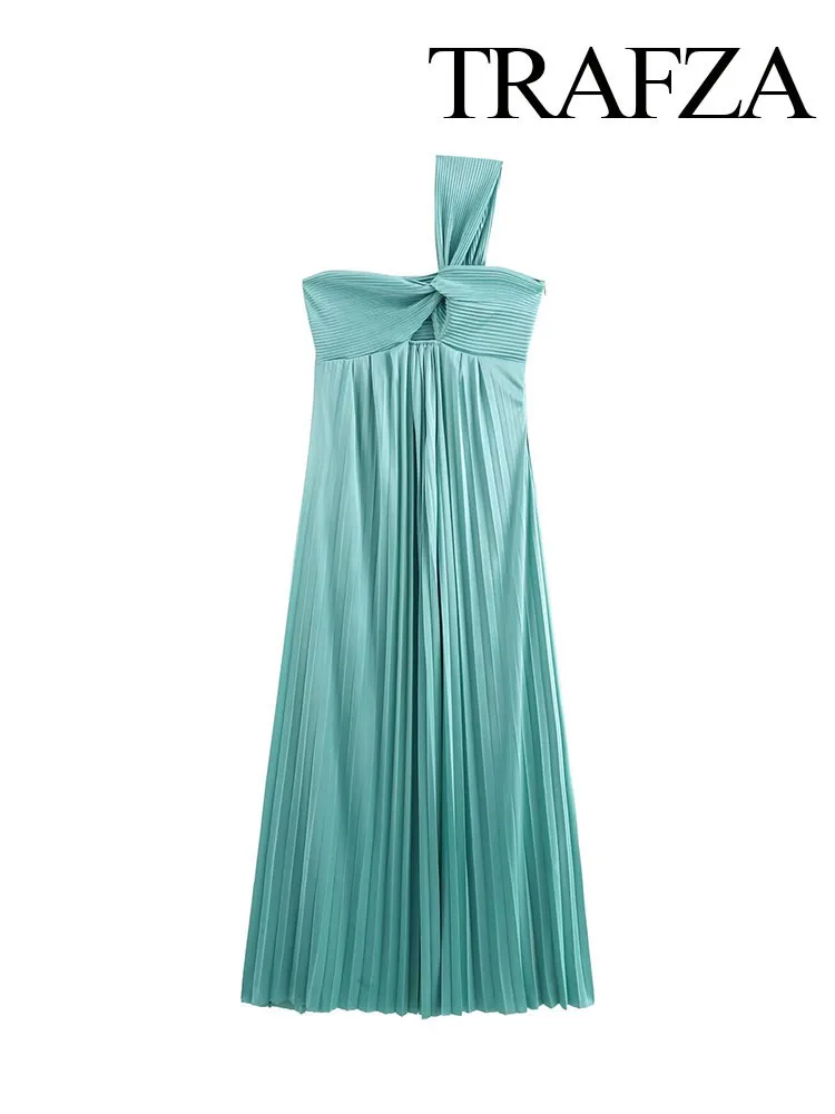 New Summer Fashion Women Dresses Sleeveless Asymmetric Pleated Diagonal Shoulder Hollow Out Side Zipper Decorative Long Dress