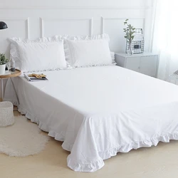 Korean Princess Solid White Flat Sheet 100% Cotton Bedding Sheets Ruffle Lotus Leaf Flat Bed Sheet For Adults No Pillowcases
