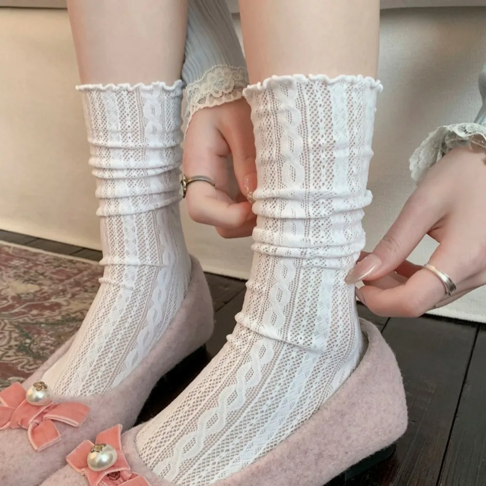 Ballet Style Lace Socks Women's Medium Tube Socks Spring Summer Thin Hollow Mesh Stacking Socks Solid Color Lolita Calf Sock