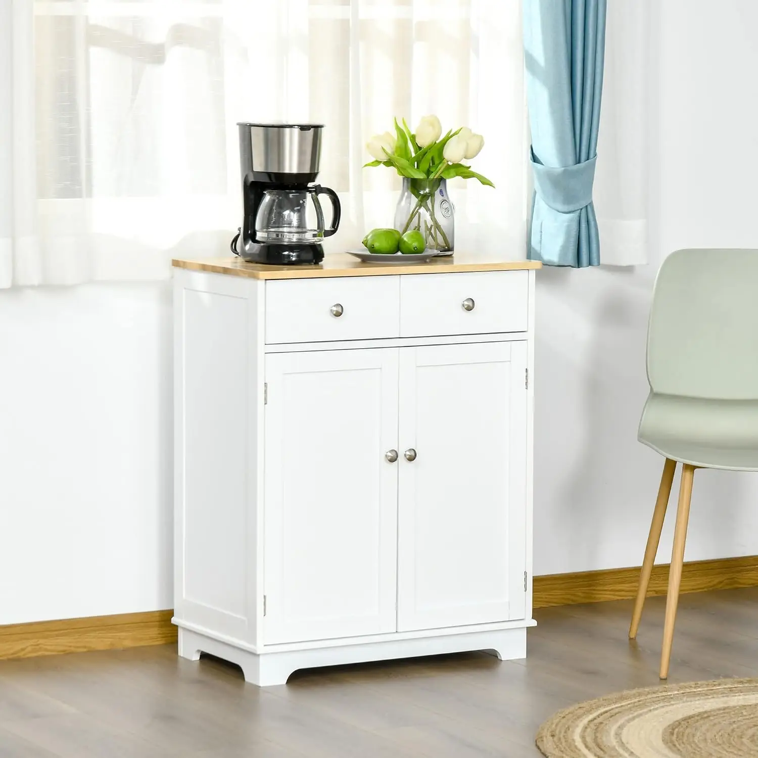 Sideboard with Solid Wood Countertop, Modern Kitchen Storage Cabinet, Coffee Bar Cabinet with 2 Drawers, Doors and Adjust