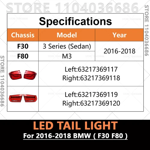 Imagen 2 del producto Para 2016-2018 F30 F80 BMW Serie 3 M3 con bombilla LED luz trasera de freno 63217369117 63217369118 63217369119 63217369120
