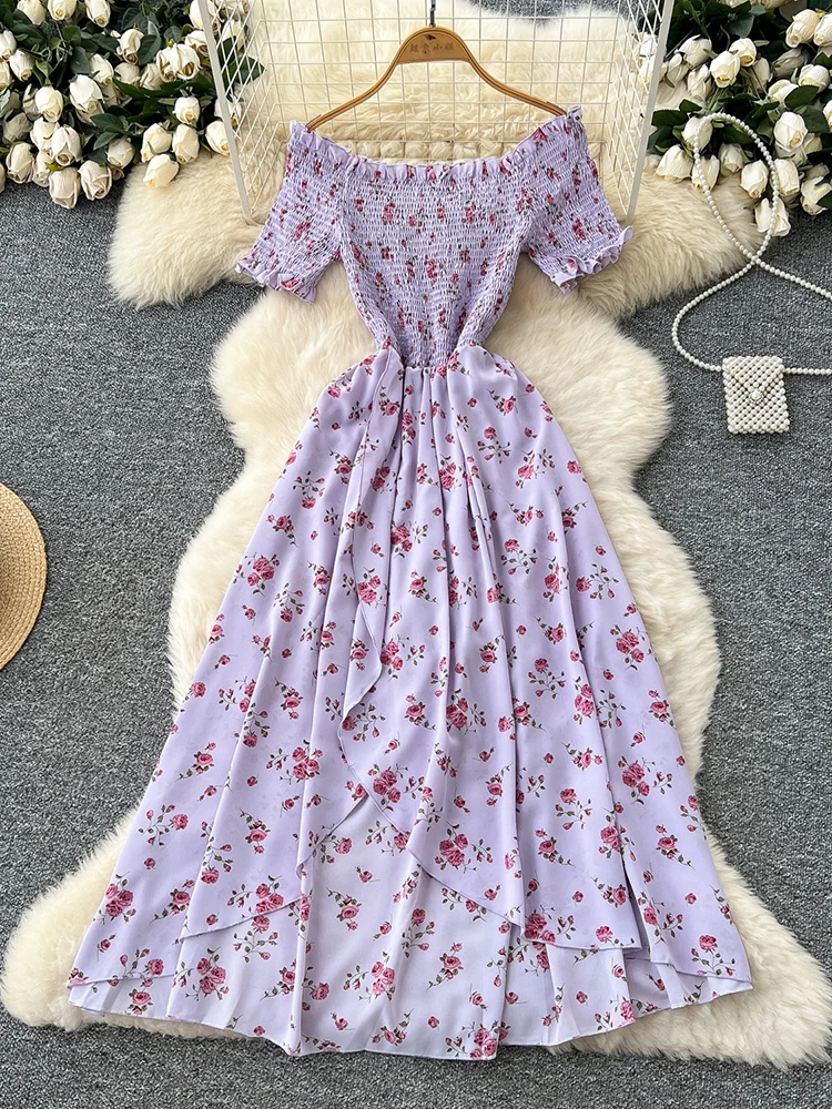 Vestidos de vacaciones en la playa para mujer, novedad de verano, estampado Floral, cuello barco, Sexy, fino, nicho, vestido con volantes irregulares, Famela A515