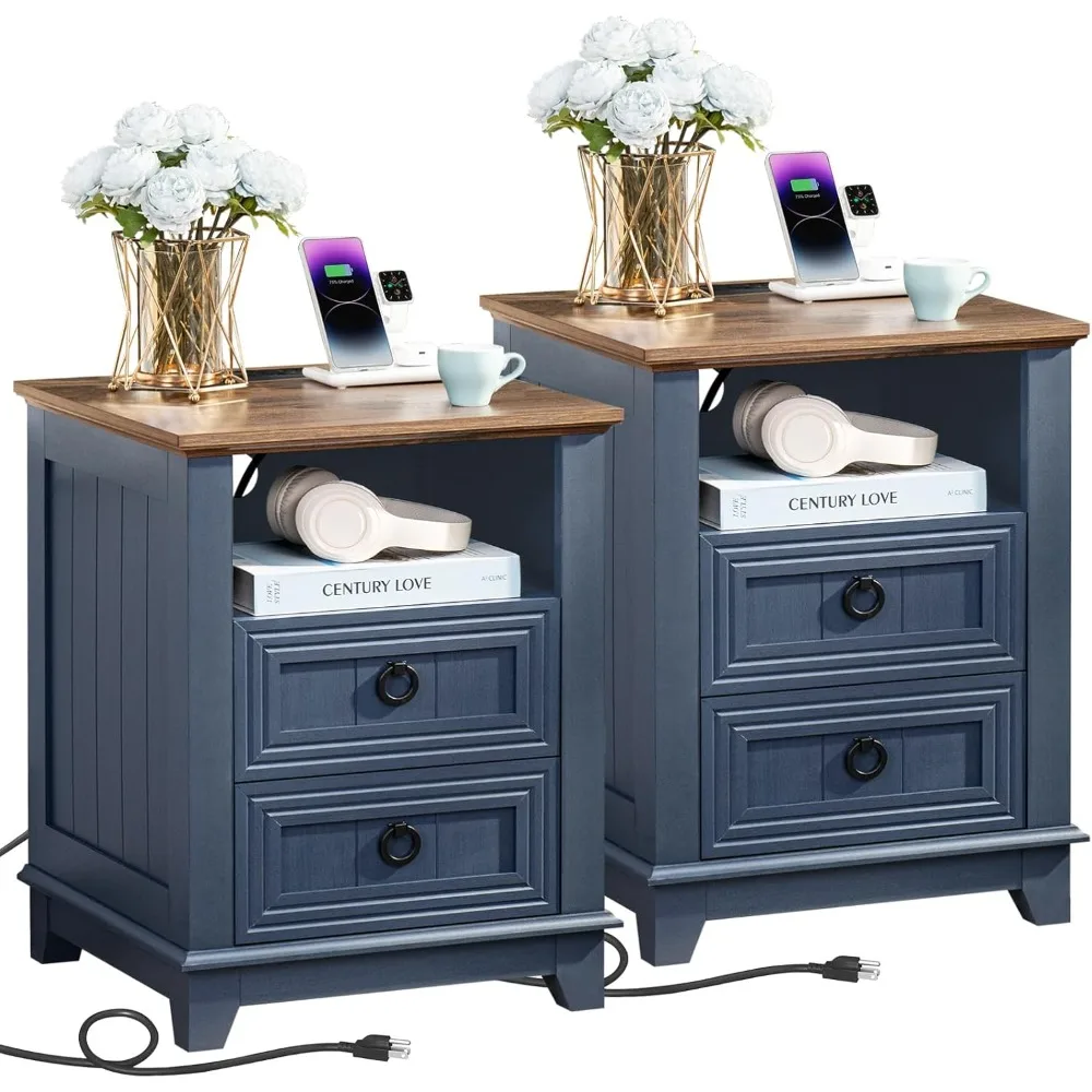 

pair of 18" farmhouse-style nightstands with charging stations and drawers for bedroom, blue wooden bedside tables