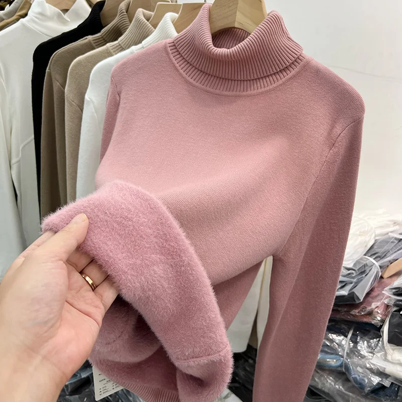 Maglione da donna con collo alto foderato in pelliccia sintetica Bla Abbigliamento interno invernale Pendolarismo Sle Long Sve Top di lunghezza regolare