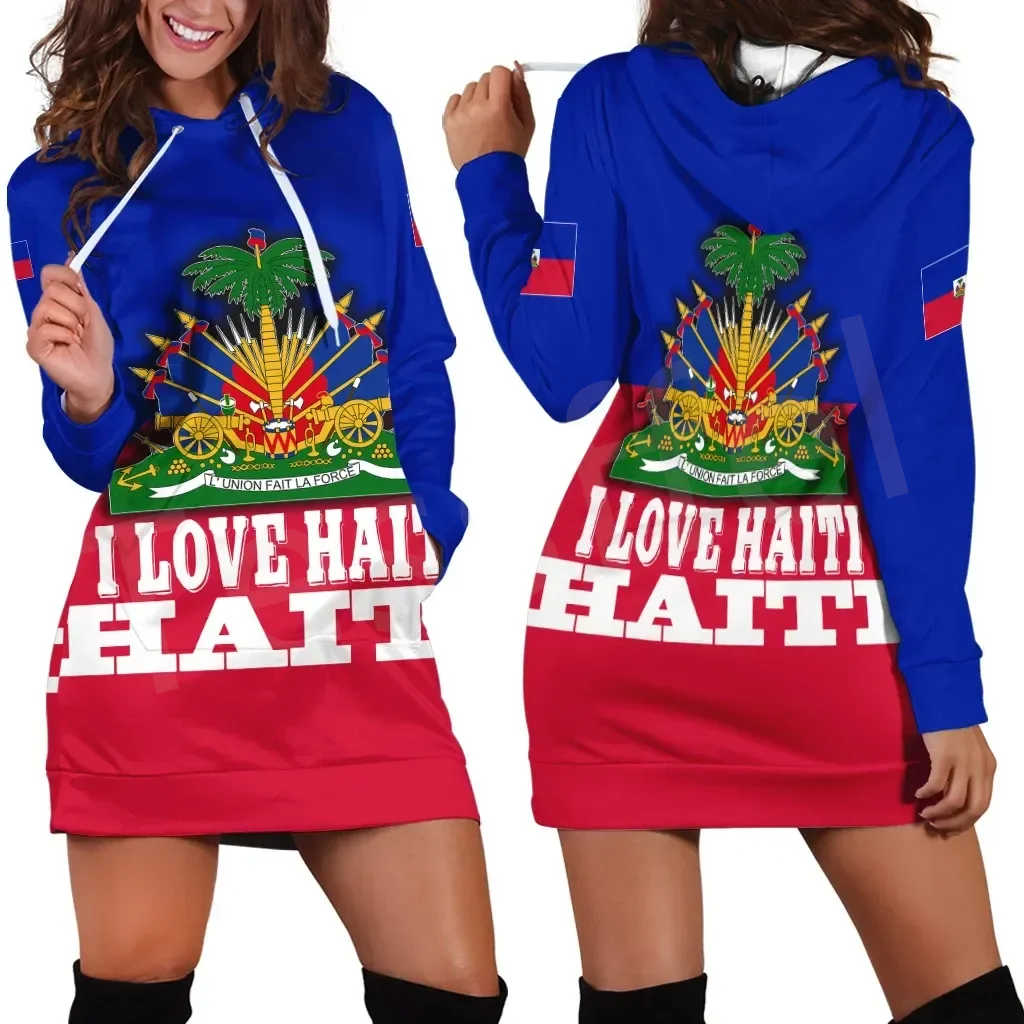 Haiti Flag 3d Women Hoodie Dress Custom Name Retro Harajuku 3d Printed Flag Pullover Casual Sexy Women Hoodie Dress