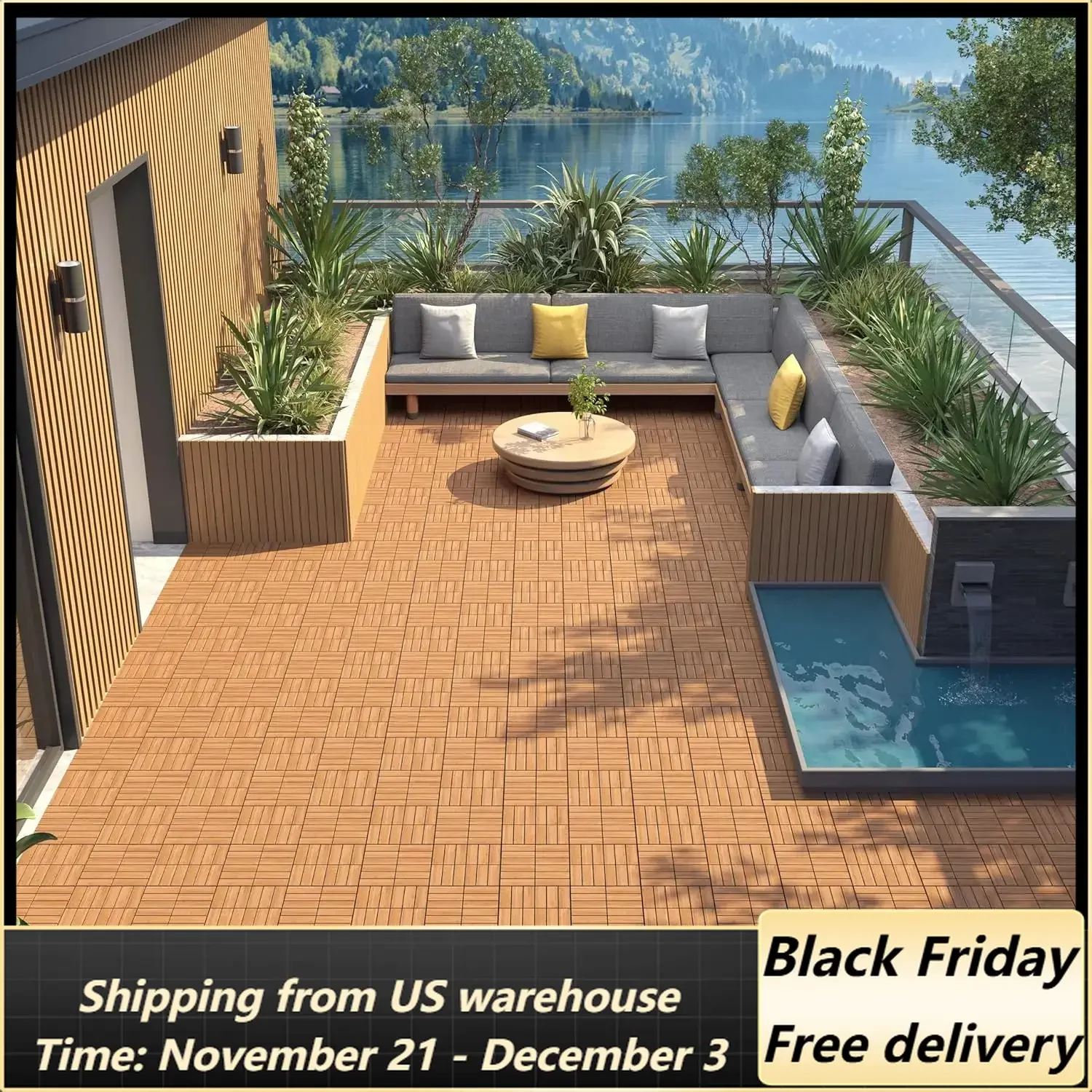 27pcs Acacia Wood,Interlocking Deck Tiles with Non-Slip Surface,Easy Snap Waterproof Flooring Tiles for Indoor Outdoor