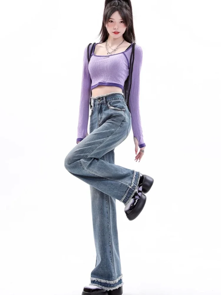 High Waist Straight Jeans Women Autumn Raw Edge Casual Hotsweet Full Length All-match Korean Style Anti-wrinkle Denim Trousers